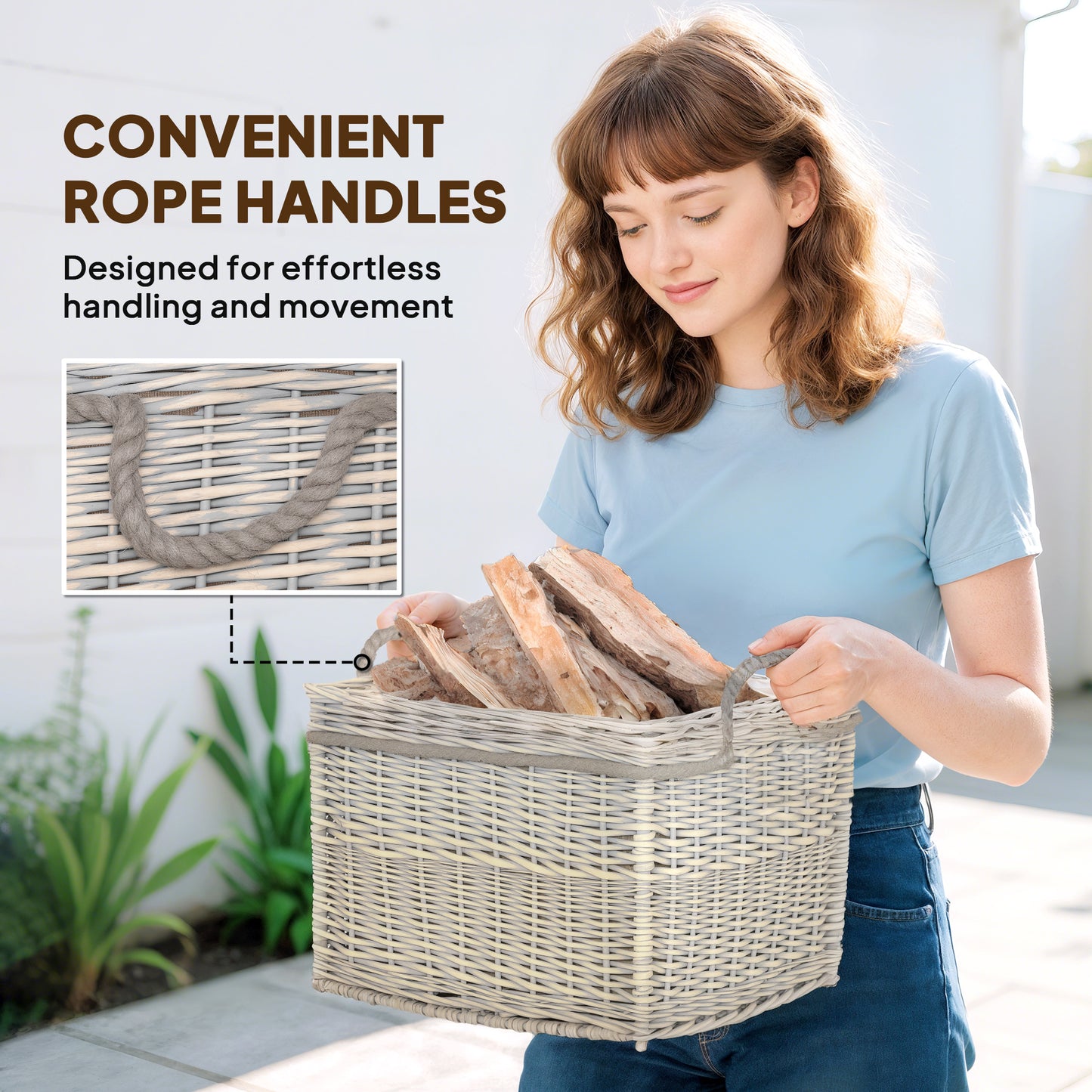 Set of 3 Log Baskets for Wood Burner Indoor, Round Storage Basket with Lining and Rope Handles for Fireside Storage, Blankets, Beige