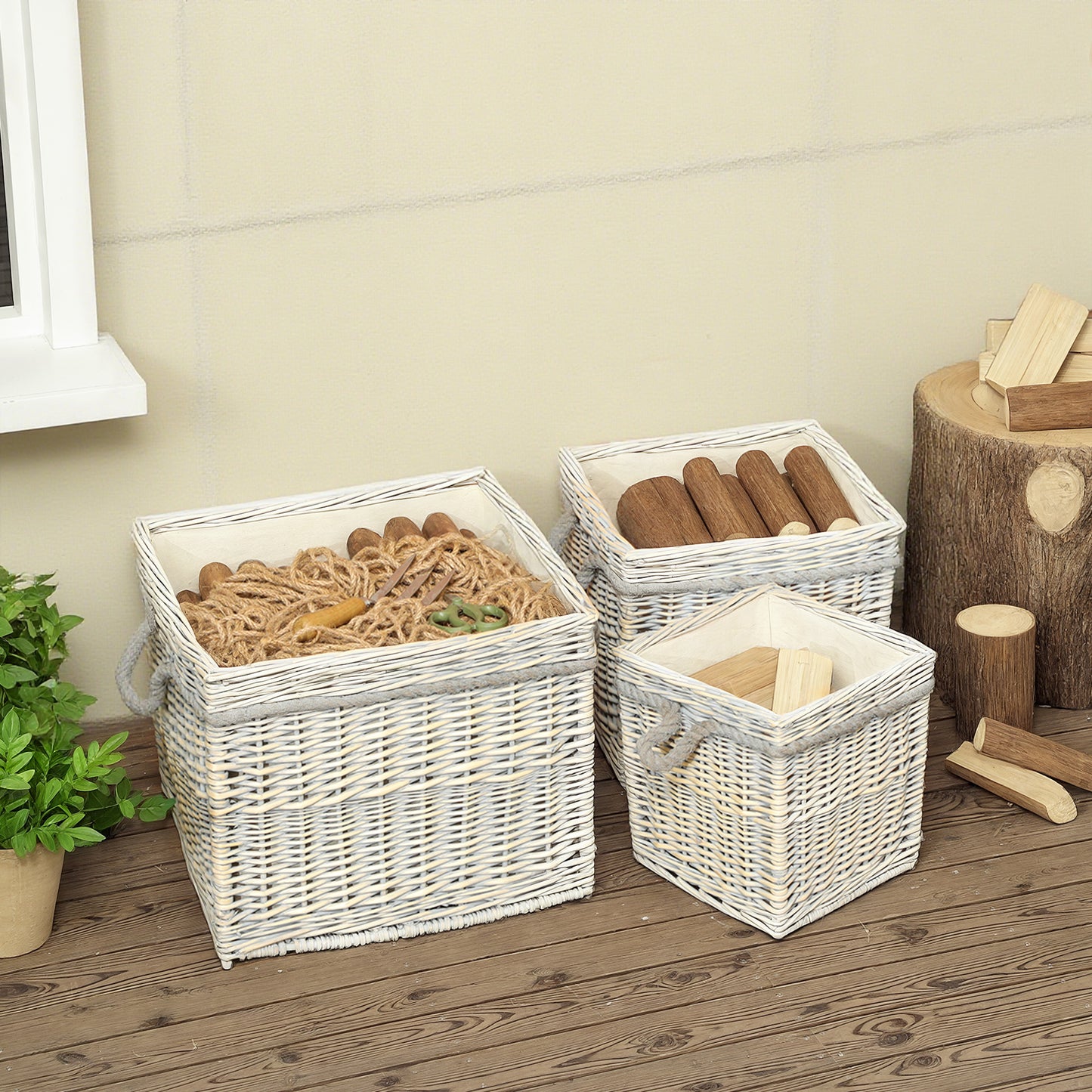 Set of 3 Log Baskets for Wood Burner Indoor, Round Storage Basket with Lining and Rope Handles for Fireside Storage, Blankets, Beige