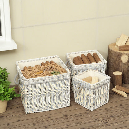 Set of 3 Log Baskets for Wood Burner Indoor, Round Storage Basket with Lining and Rope Handles for Fireside Storage, Blankets, Beige