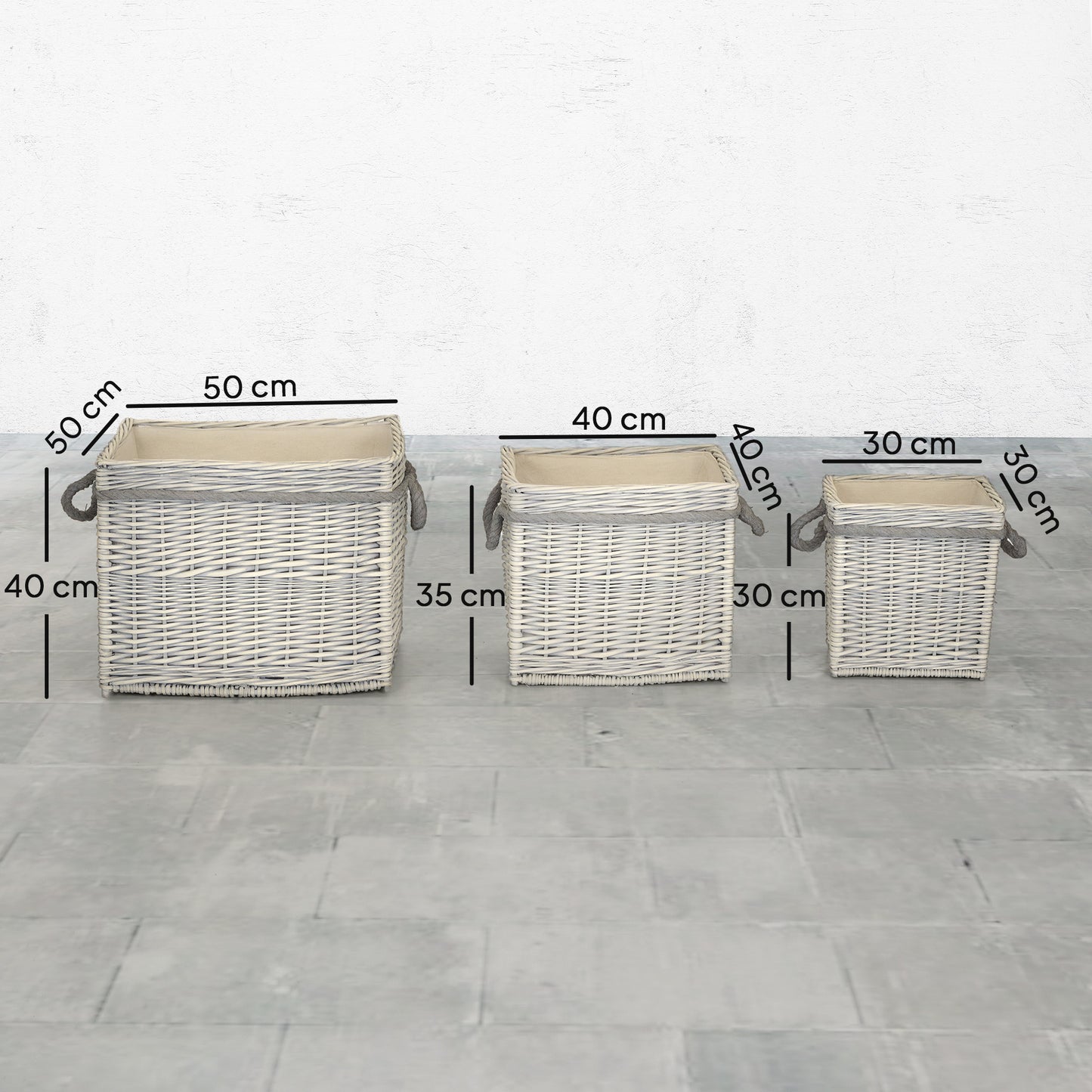 Set of 3 Log Baskets for Wood Burner Indoor, Round Storage Basket with Lining and Rope Handles for Fireside Storage, Blankets, Beige