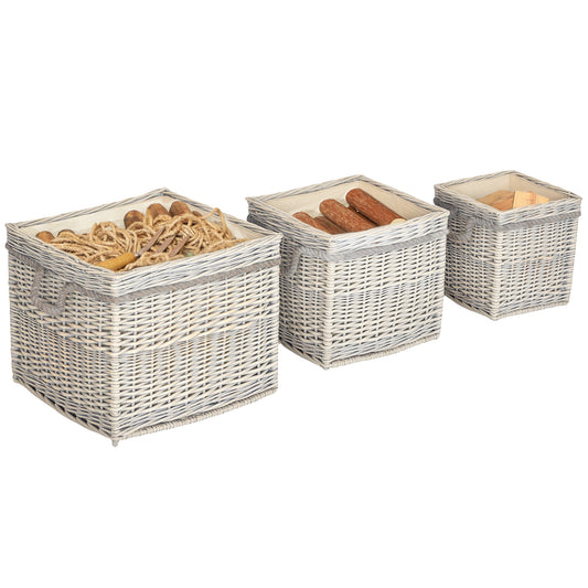 Set of 3 Log Baskets for Wood Burner Indoor, Round Storage Basket with Lining and Rope Handles for Fireside Storage, Blankets, Beige
