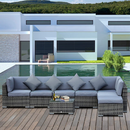 8 Pieces PE Rattan Corner Sofa Set with Thick Cushions, Aluminium Outdoor Rattan Garden Furniture Set with Glass Top Table, No Assembly Required, Grey