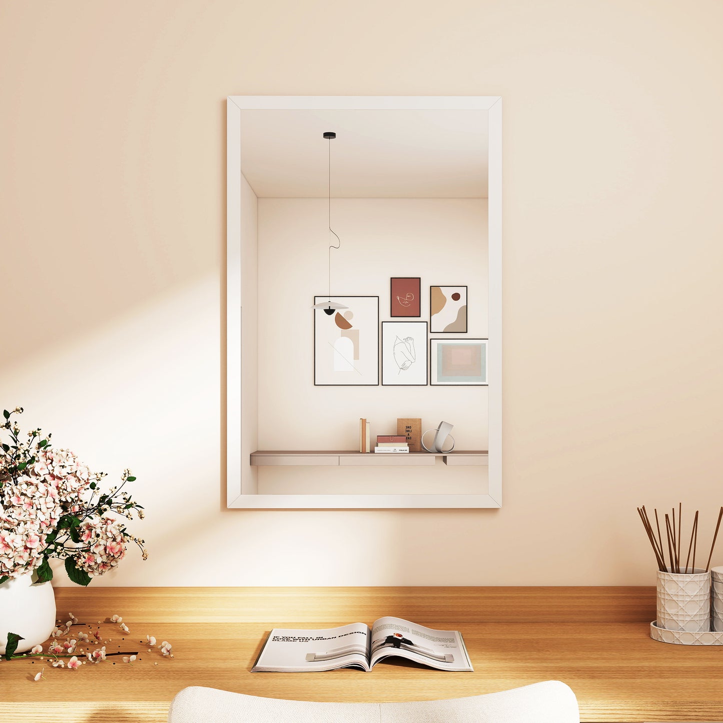 Decorative Rectangular Wall Mirror, 60 x 40 cm Wall-Mounted Bathroom Mirror for Living Room, Bedroom, Hallway, White