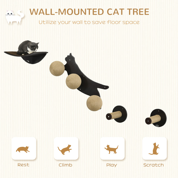 4 Pieces Wall Mounted Cat Shelves, Cat-shaped Platform with Three Scratching Balls, Cat Wall Furniture with Scratching Posts, Tawny Brown