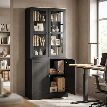Modern Bookcase with Glass Doors, Display Storage Cabinet with Adjustable Shelves for Living Room, Study, Home Office, Kitchen Cupboard with Small Open Counter, Black