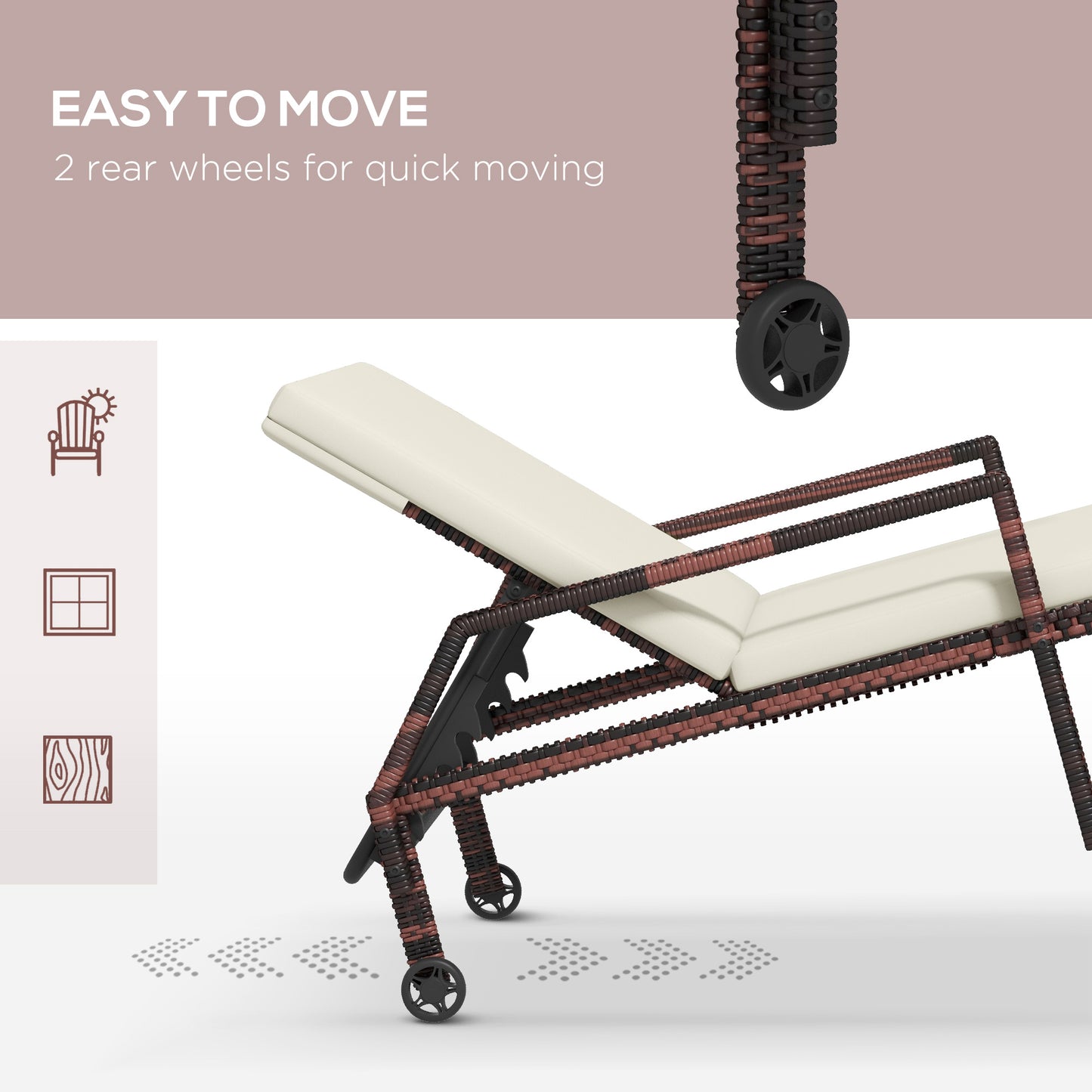 Outdoor Sun Lounger, Rattan Wicker Chaise Lounger with 5-Level Adjustable Backrest and 2 Wheels