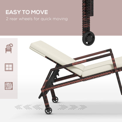 Outdoor Sun Lounger, Rattan Wicker Chaise Lounger with 5-Level Adjustable Backrest and 2 Wheels