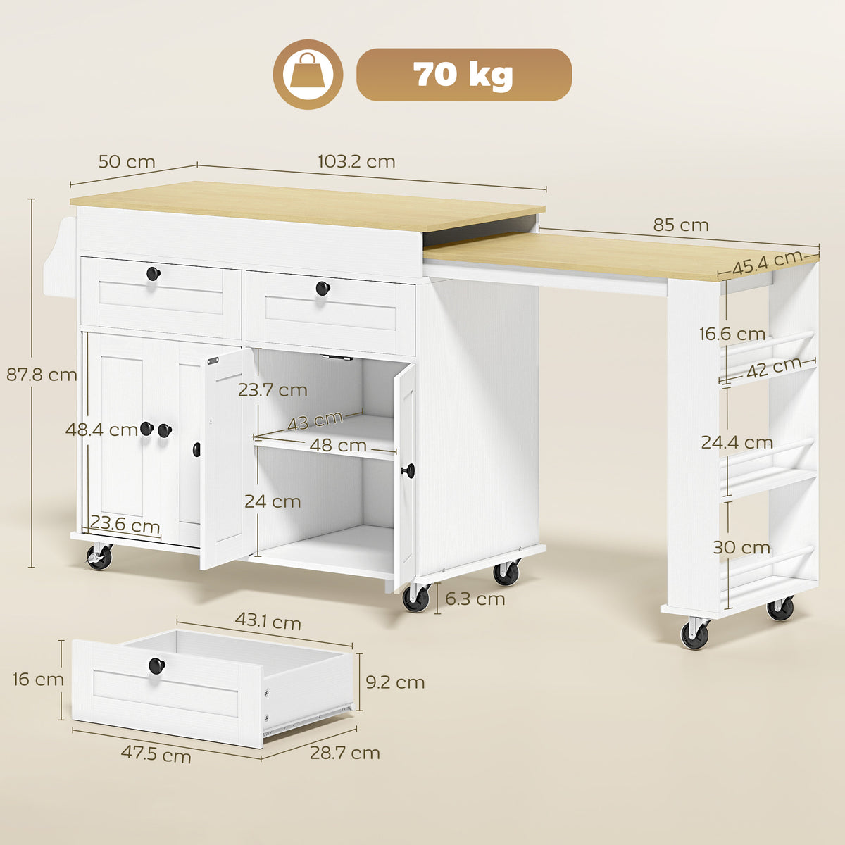 Extendable Kitchen Island with Storage, Wheels and USB Charging - White & Oak Effect