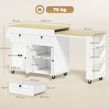 Extendable Kitchen Island with Storage, Wheels and USB Charging - White & Oak Effect