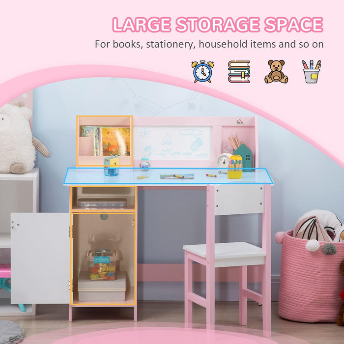 Kids Desk And Chair Set 2 PCs Childrens Table And Chair Set Multi Use Toddler Furniture with Whiteboard, Storage - Pink