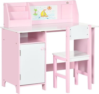 Kids Desk And Chair Set 2 PCs Childrens Table And Chair Set Multi Use Toddler Furniture with Whiteboard, Storage - Pink