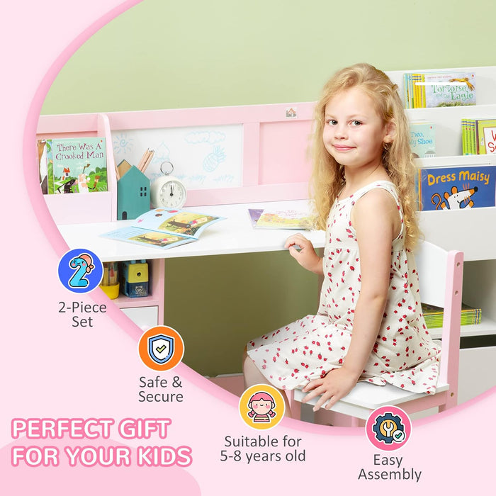 Kids Desk And Chair Set 2 PCs Childrens Table And Chair Set Multi Use Toddler Furniture with Whiteboard, Storage - Pink