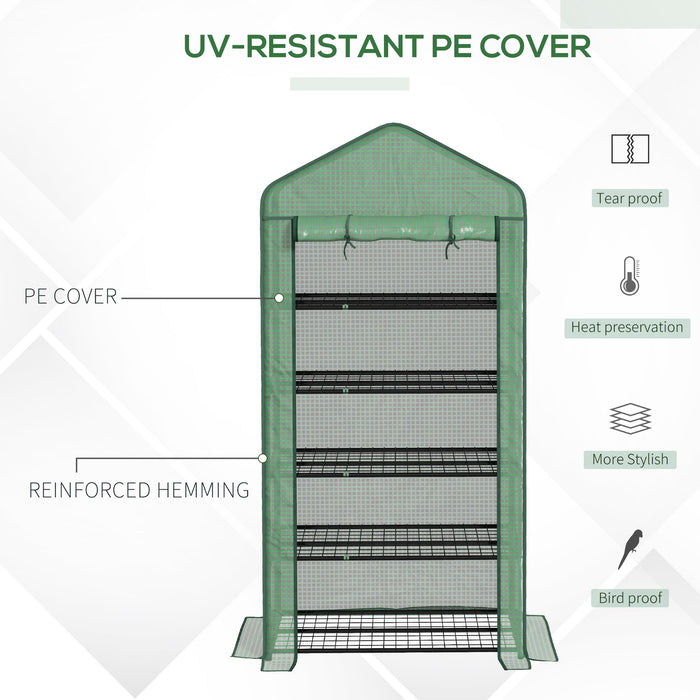 5 Tier Widened Mini Greenhouse w/ Reinforced PE Cover, Portable Green House w/ Roll-up Door & Wire Shelves, 193H x 90W x 49Dcm, Green