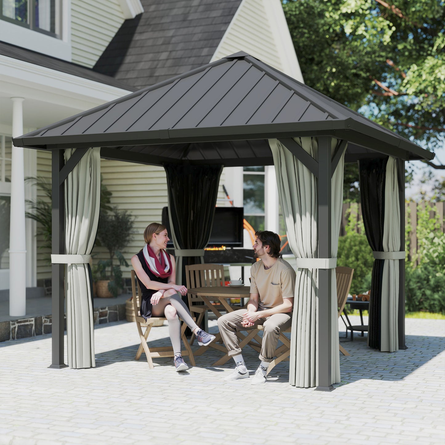 3 x 3(m) Metal Hardtop Gazebo with Netting and Curtains, Black