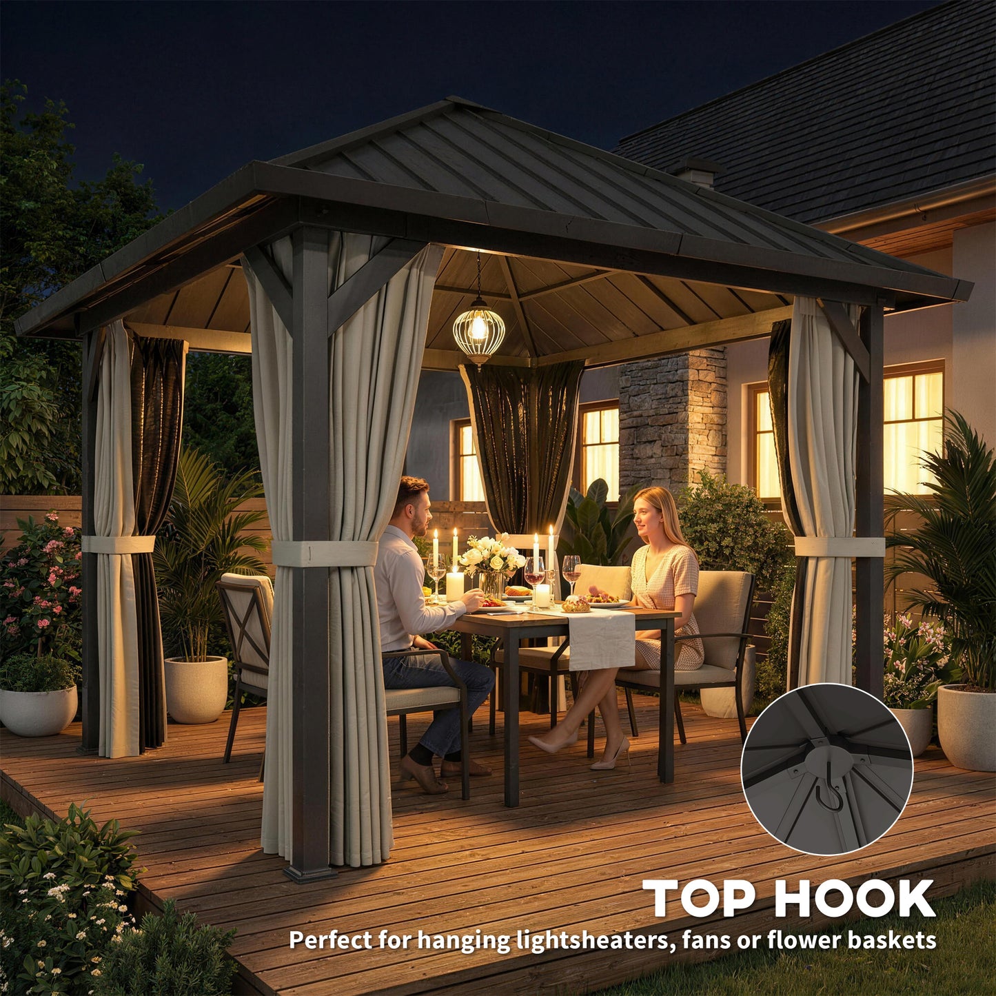 3 x 3(m) Metal Hardtop Gazebo with Netting and Curtains, Black