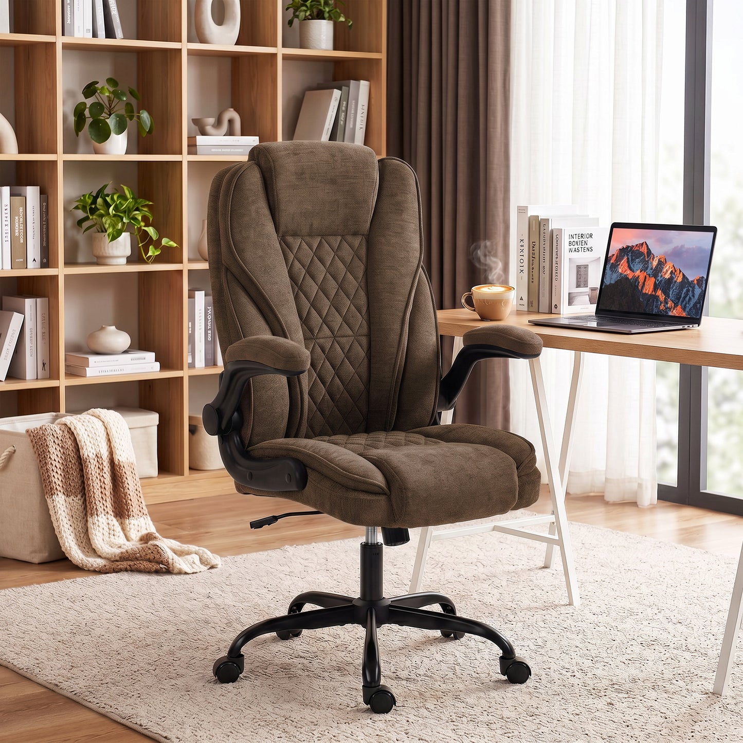 Office Chair, Computer Desk Chair with Flip-up Armrest, Brown