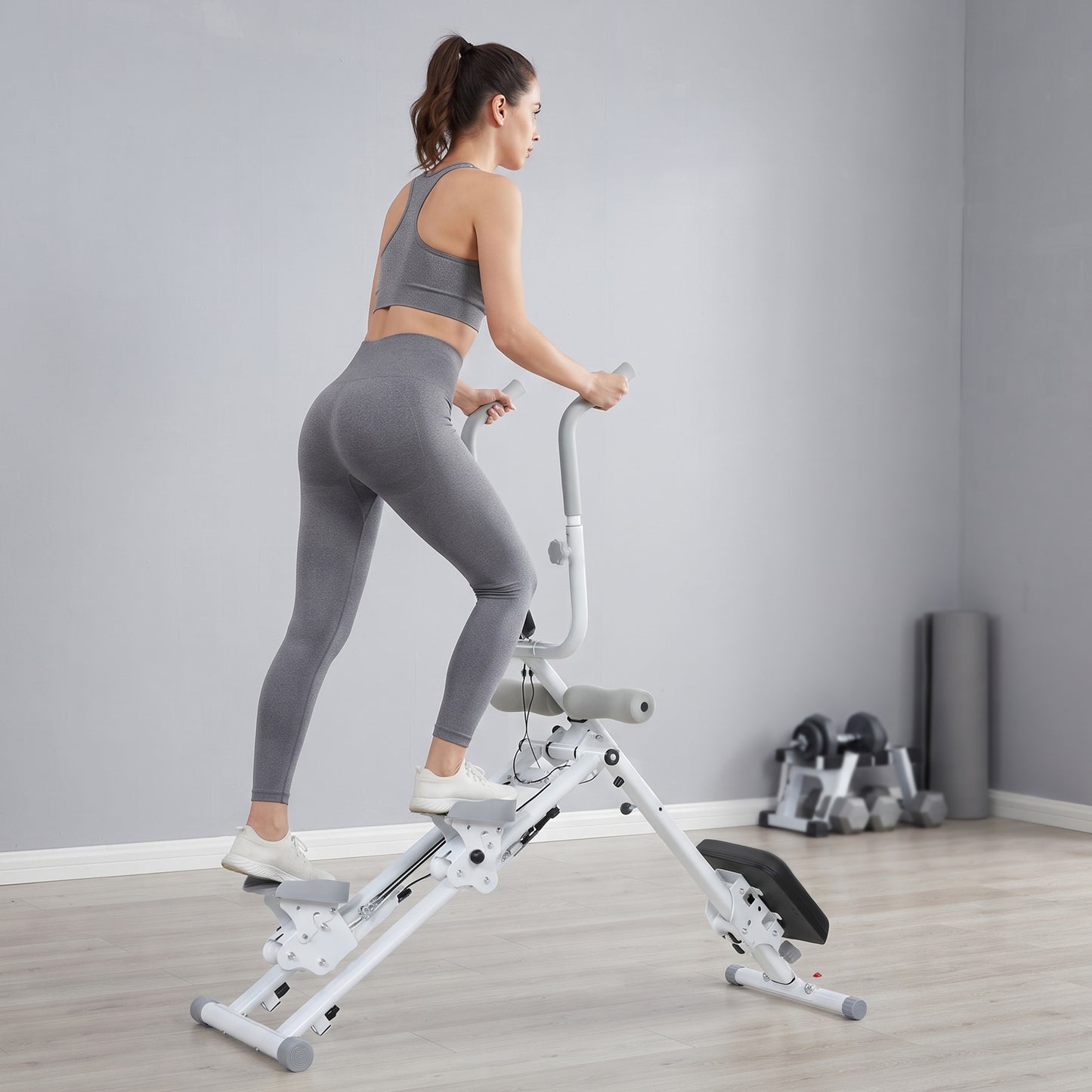 2-in-1 Ab Machine and Stair Stepper, Foldable Ab Trainer and Climbing Machine with LCD Monitor, Height Adjustable Abdominal Cruncher for Home Gym Core Strength Training, White