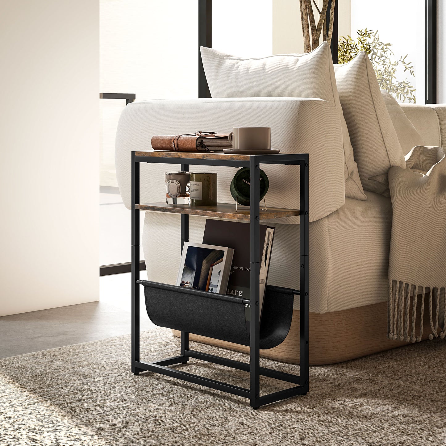Narrow Side Table, End Table with 3-Tier Storage for Living Room