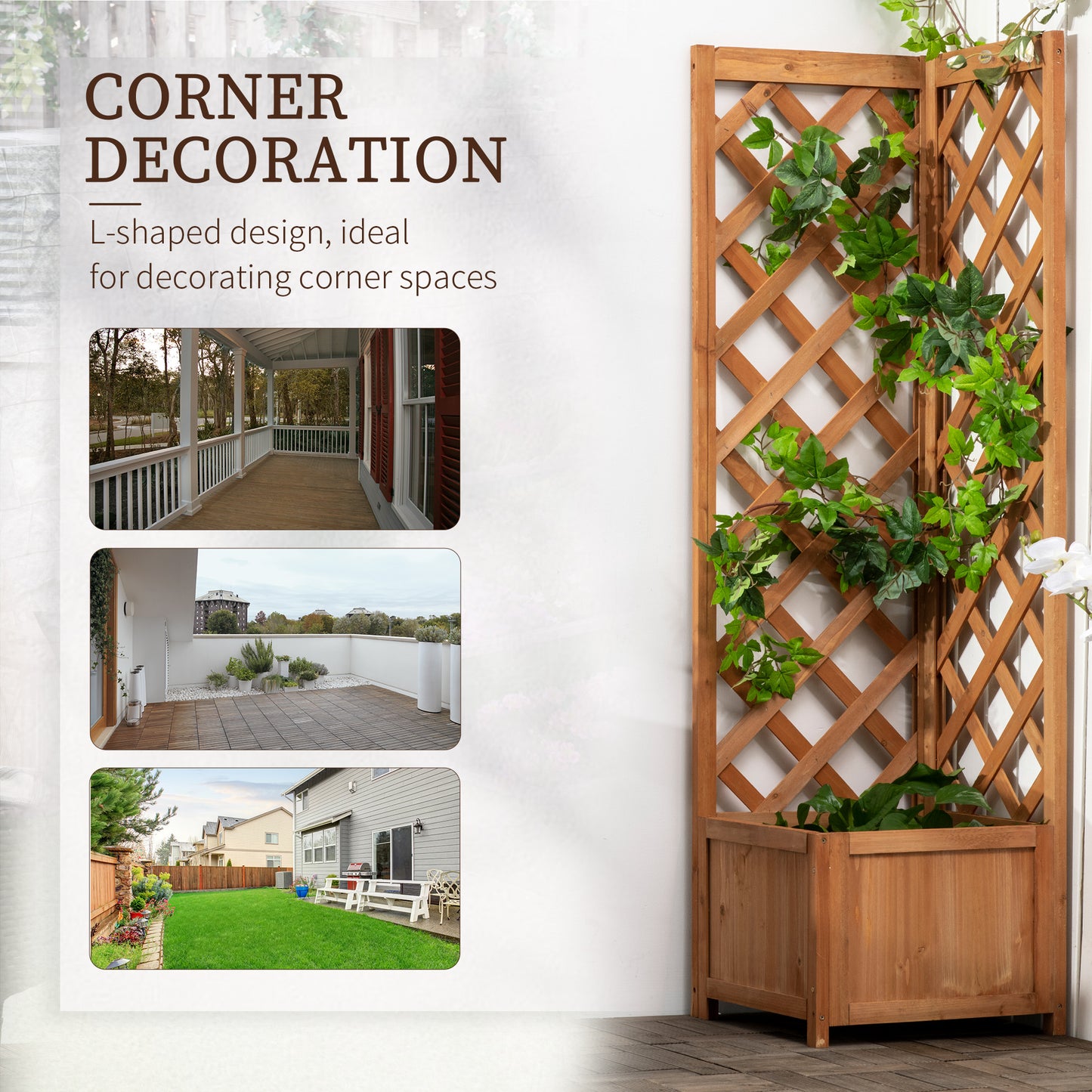 Wooden Planter with Corner Trellis, Raised Garden Bed, Brown