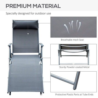 Sun Lounger Recliner w/ Pillow Foldable 7 Levels Textilene Grey