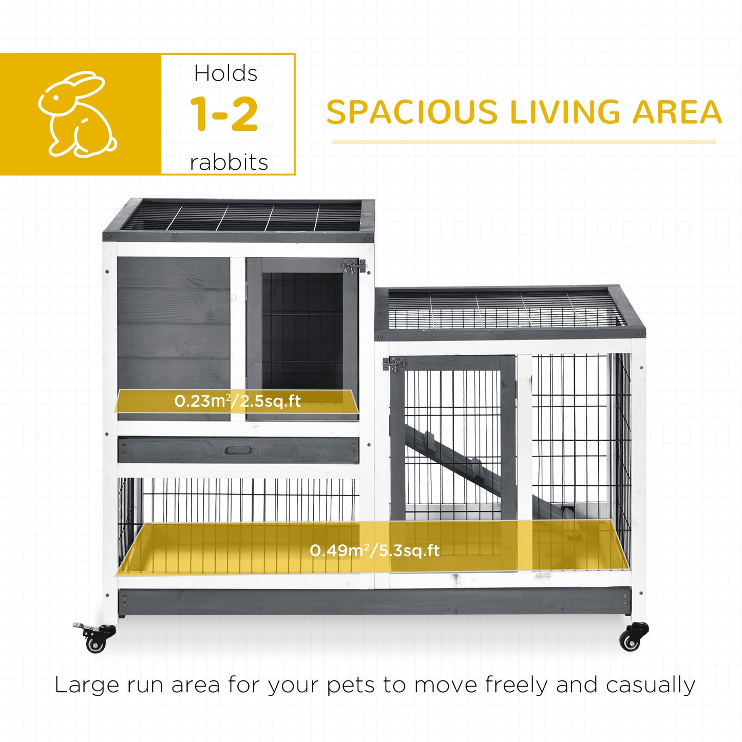 Wooden Indoor Rabbit Hutch Guinea Pig House Bunny Small Animal Cage W/ Wheels Enclosed Run 110 x 50 x 86 cm, Grey