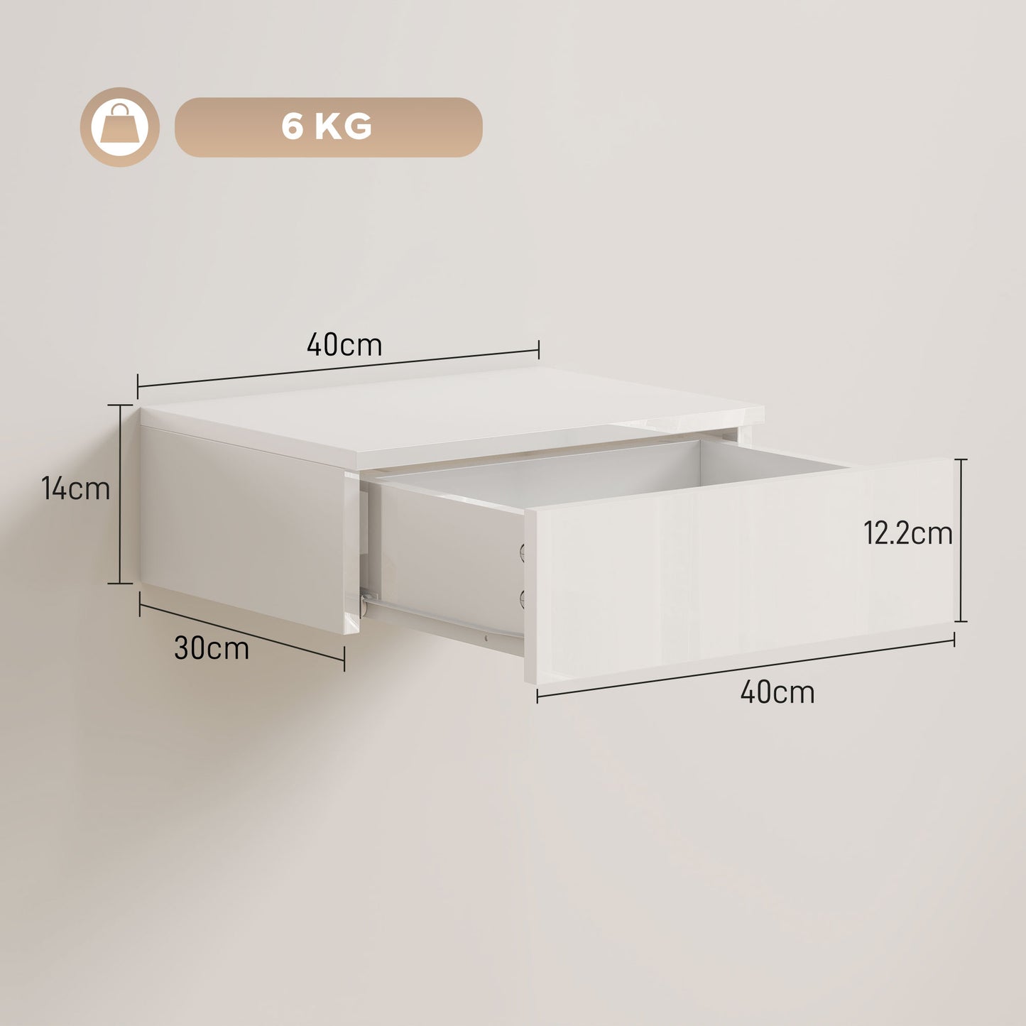 Wall Mounted Bedside Table with High Gloss Finish and Storage Drawer