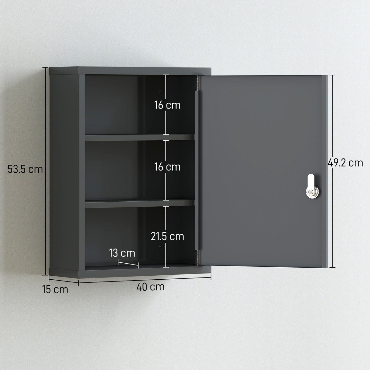3-Tier Lockable Wall-Mounted Steel Medicine Cabinet with 2 Keys - Smoke Grey