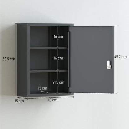 3-Tier Lockable Wall-Mounted Steel Medicine Cabinet with 2 Keys - Smoke Grey