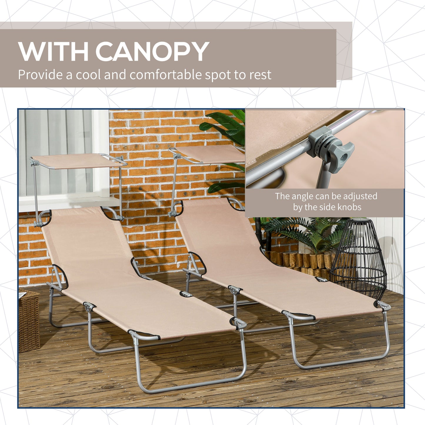 Outdoor Foldable Sun Lounger Set of 2, 4 Level Adjustable Backrest Reclining Sun Lounger Chair with Angle Adjust Sun Shade Awning for Beach, Garden, Patio, Brown