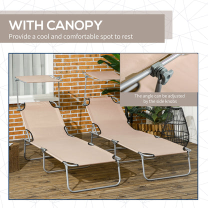 Outdoor Foldable Sun Lounger Set of 2, 4 Level Adjustable Backrest Reclining Sun Lounger Chair with Angle Adjust Sun Shade Awning for Beach, Garden, Patio, Brown