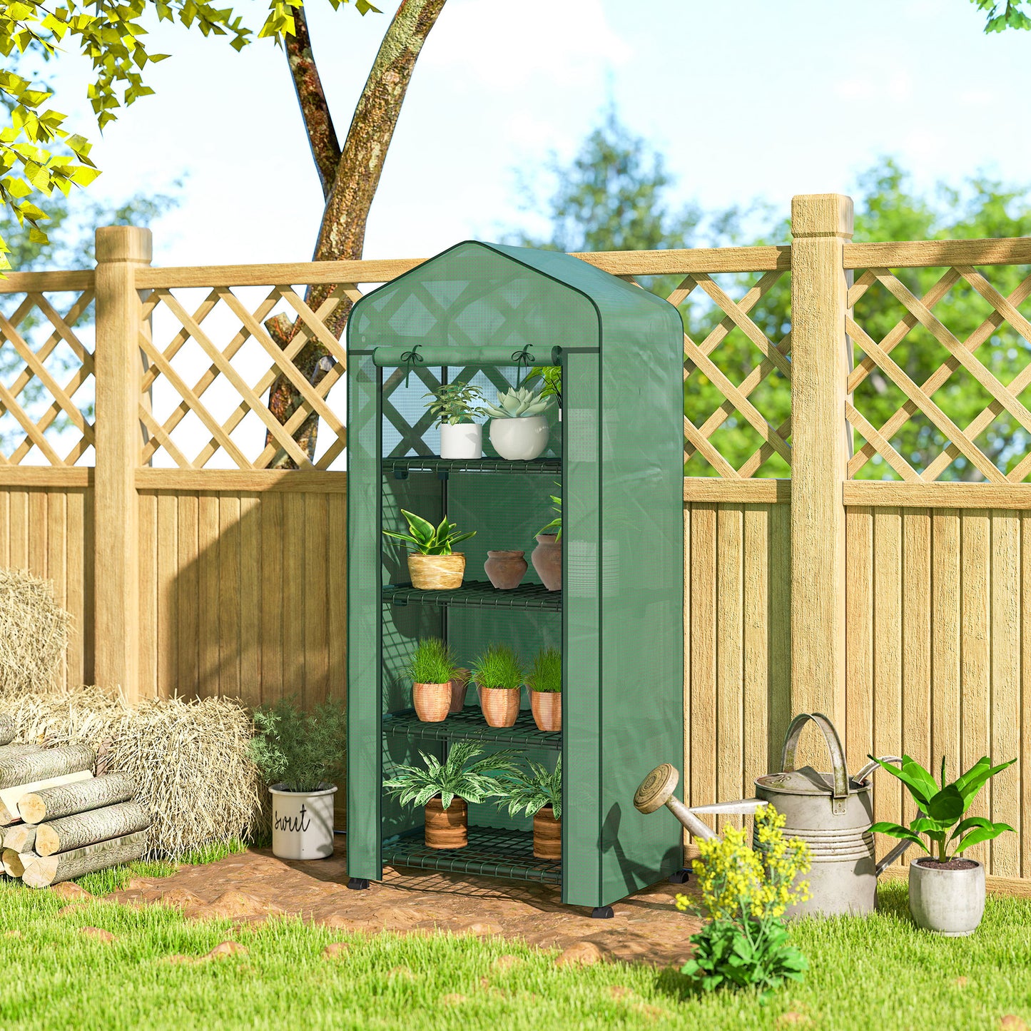 4 Tiers Mini Portable Greenhouse, Compact Plant Grow Shed with Metal Frame and PE Cover, Lockable Wheels, 165H x 69L x 50W cm, Green