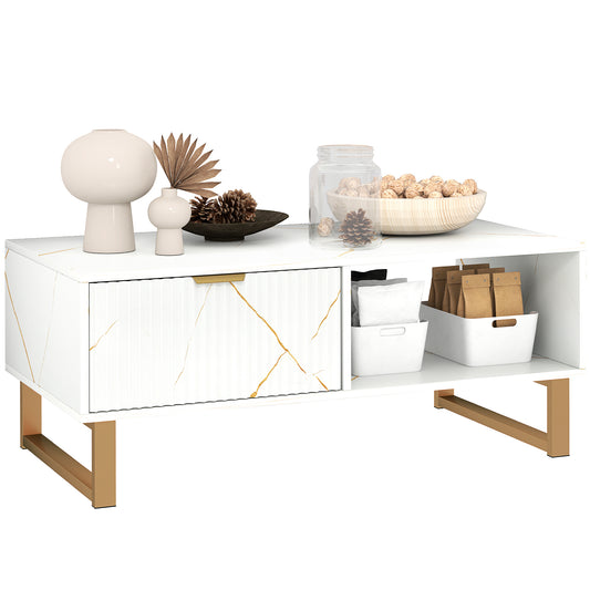 Coffee Table, Living Room Table with Drawer and Open Shelves, White