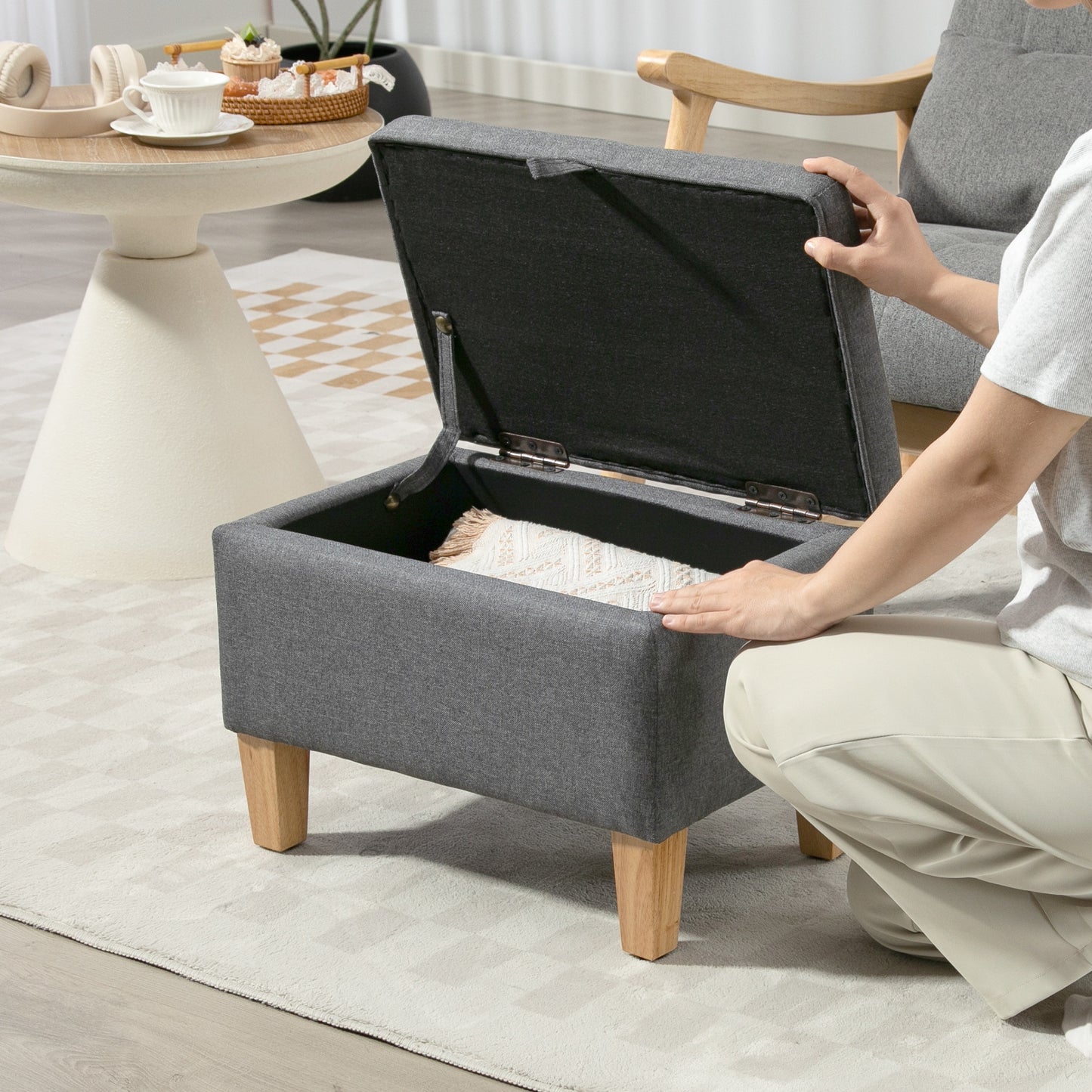 Linen Storage Ottoman Storage Box with Rubberwood Legs, Charcoal Grey
