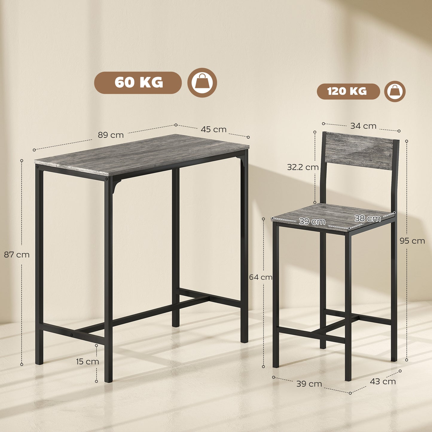 Bar Table and Stools Set, Kitchen Table and 2 Chairs with Backrest, Footrest