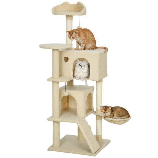 140cm Cat Tree Tower with Sisal Scratching Posts, Condos, Beige