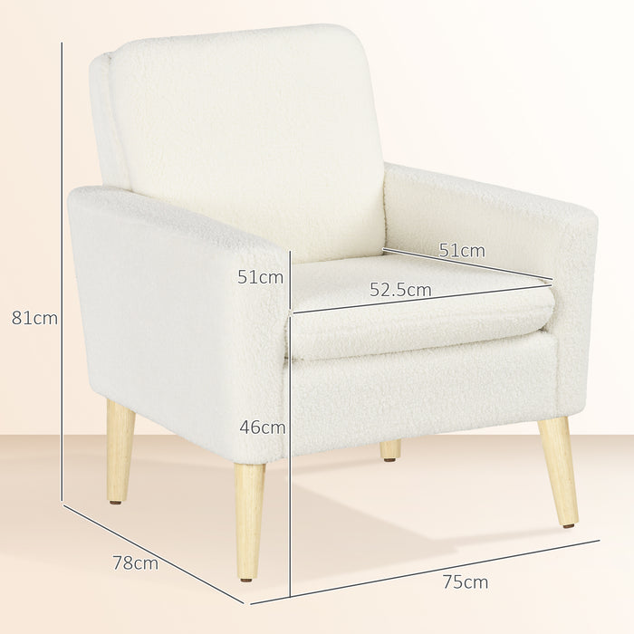 Modern Accent Chair with Wood Legs, Wide Seat, Teddy Armchair, Cream