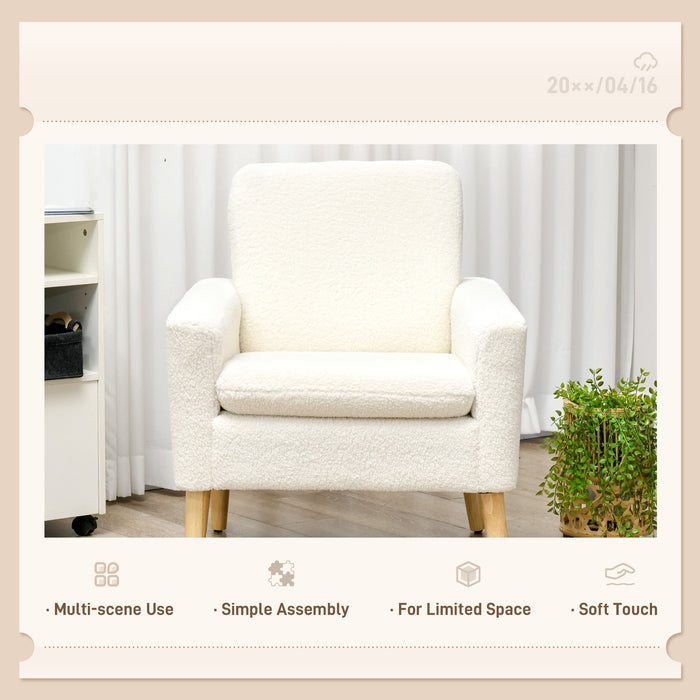 Modern Accent Chair with Wood Legs, Wide Seat, Teddy Armchair, Cream