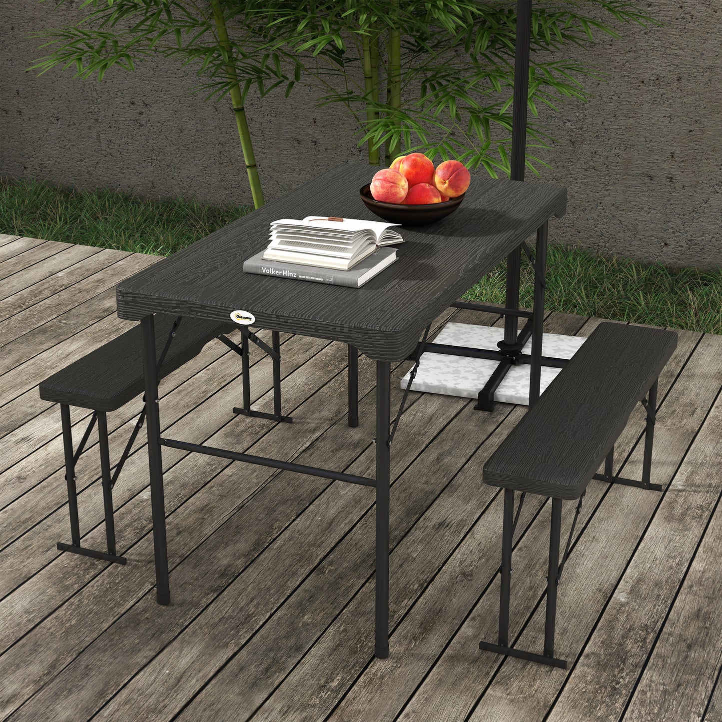 HDPE Picnic Table Set w/ Beer Table & 2 Benches for 6, Dark Grey