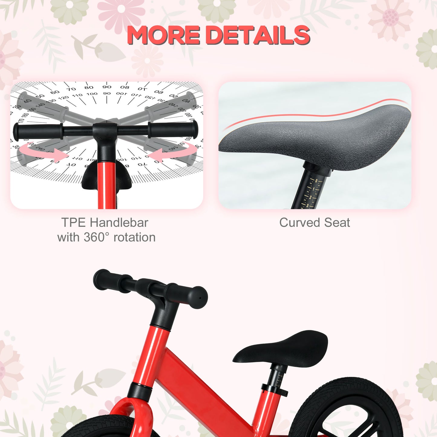 AIYAPLAY 12" Kids Balance Bike, No Pedal Training Bike for Children with Adjustable Seat, 360¬∞ Rotation Handlebars - Red