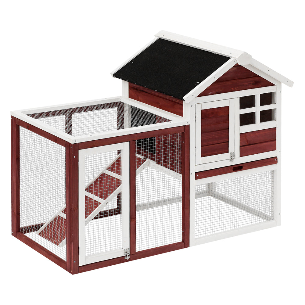 122 Wooden Rabbit Hutch Bunny Cage with Waterproof Asphalt Roof, Fun Outdoor Run, Removable Tray and Ramp, Brown