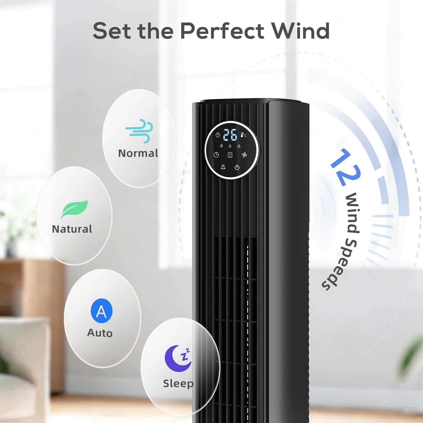 28dB Tower Fan for Bedroom, 26 ft/s Velocity Standing Fan, Black