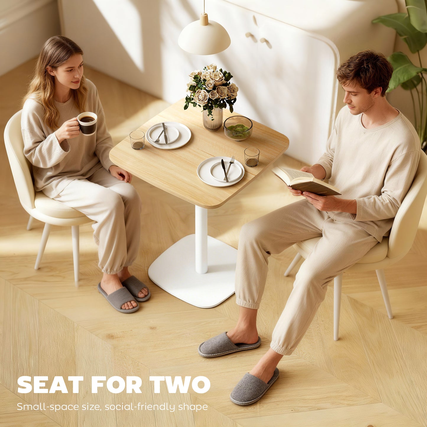 Dining Table for 2, Small Kitchen Table with Wood Veneer Top, Natural