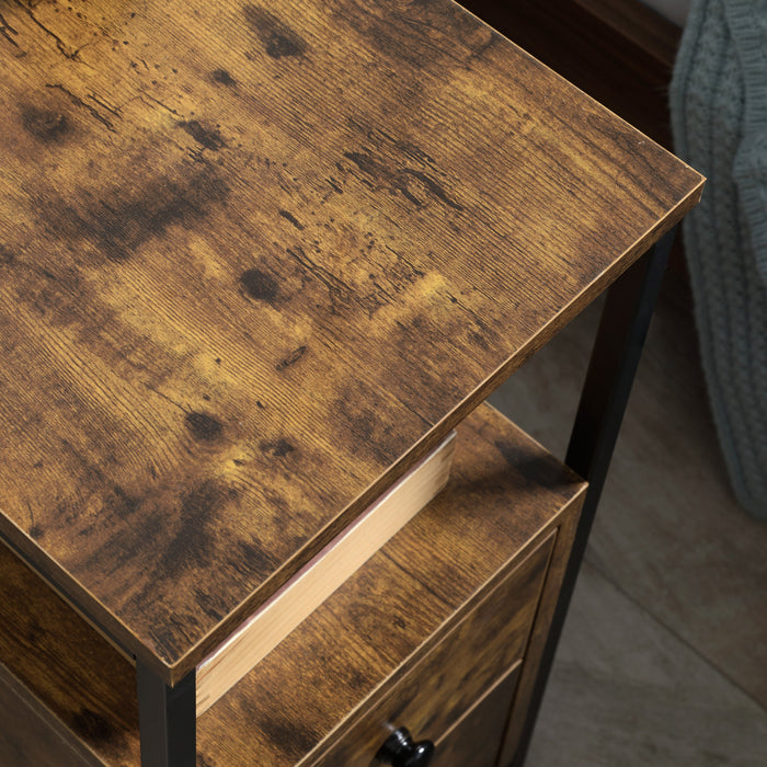 Side Table with 2 Drawers and Storage Shelf, Narrow End Table Bedside Table with Metal Frame for Small Spaces, Rustic Brown