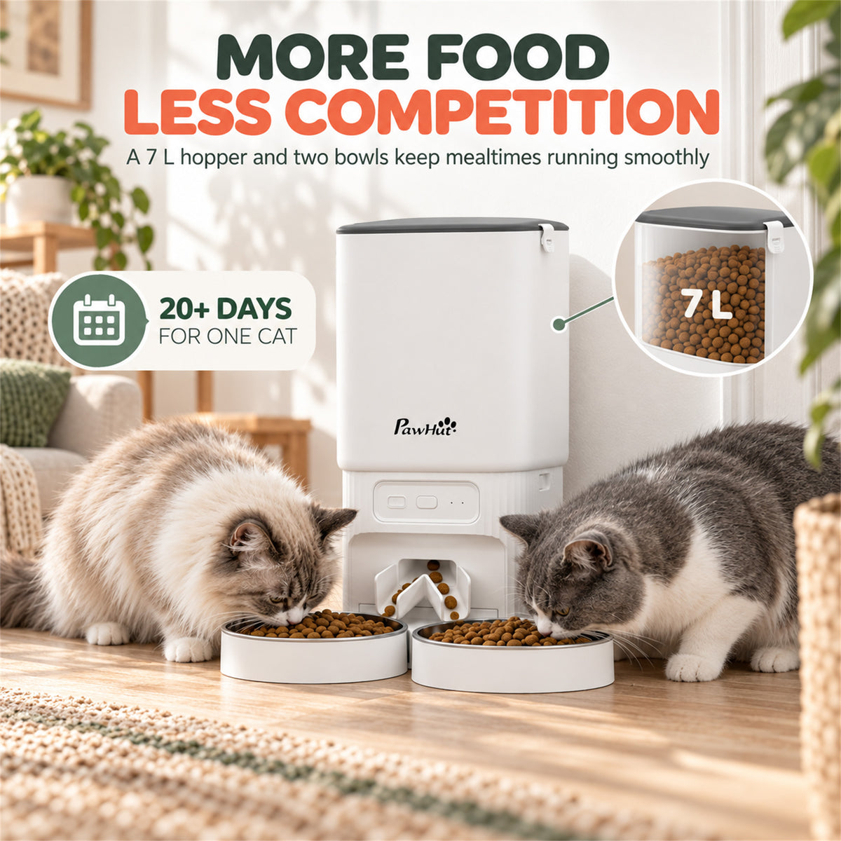 7L Automatic Cat Feeder with App Control, Timer and 2 Bowls - White