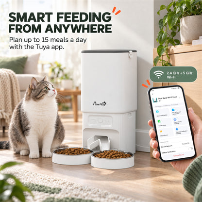 7L Automatic Cat Feeder with App Control, Timer and 2 Bowls - White