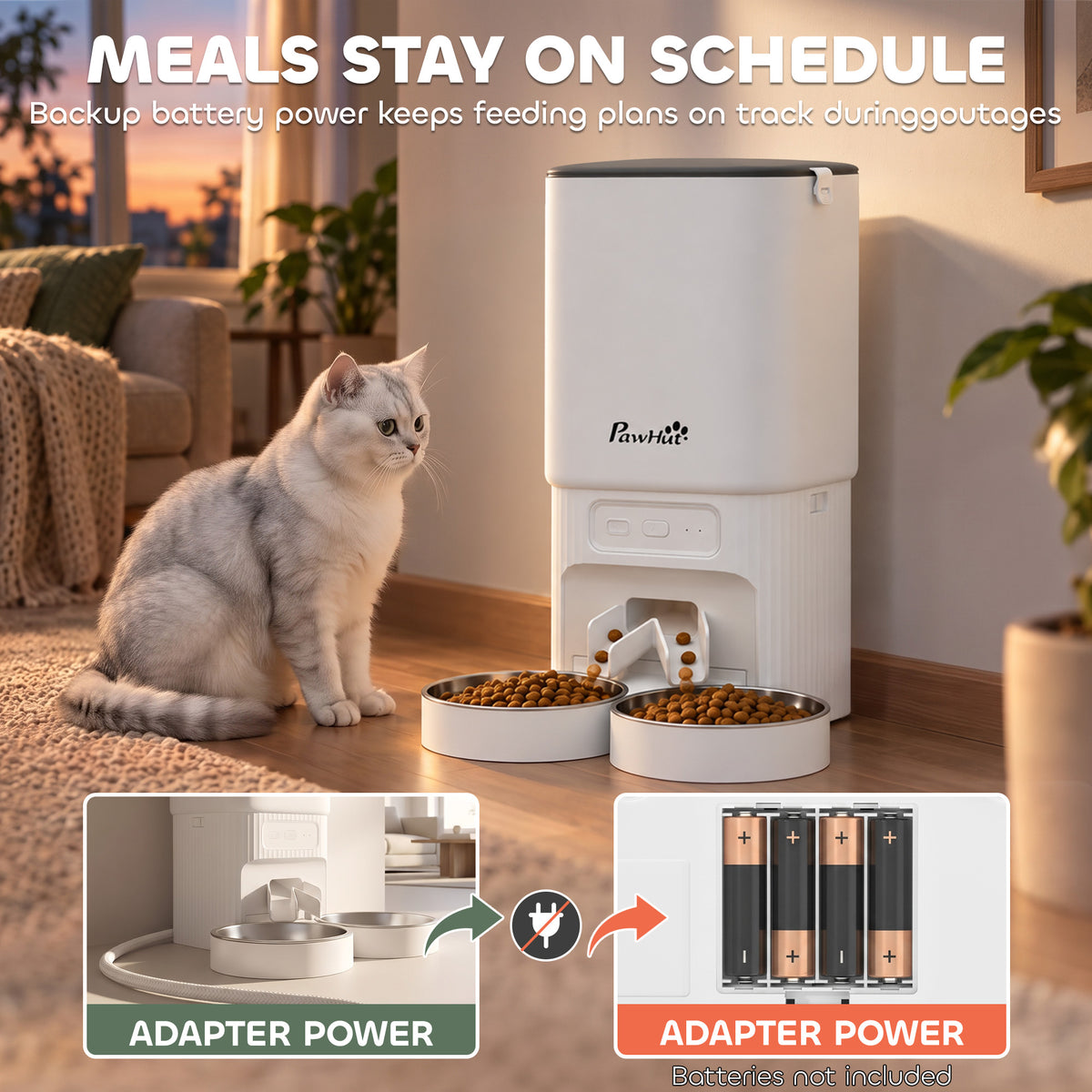 7L Automatic Cat Feeder with App Control, Timer and 2 Bowls - White