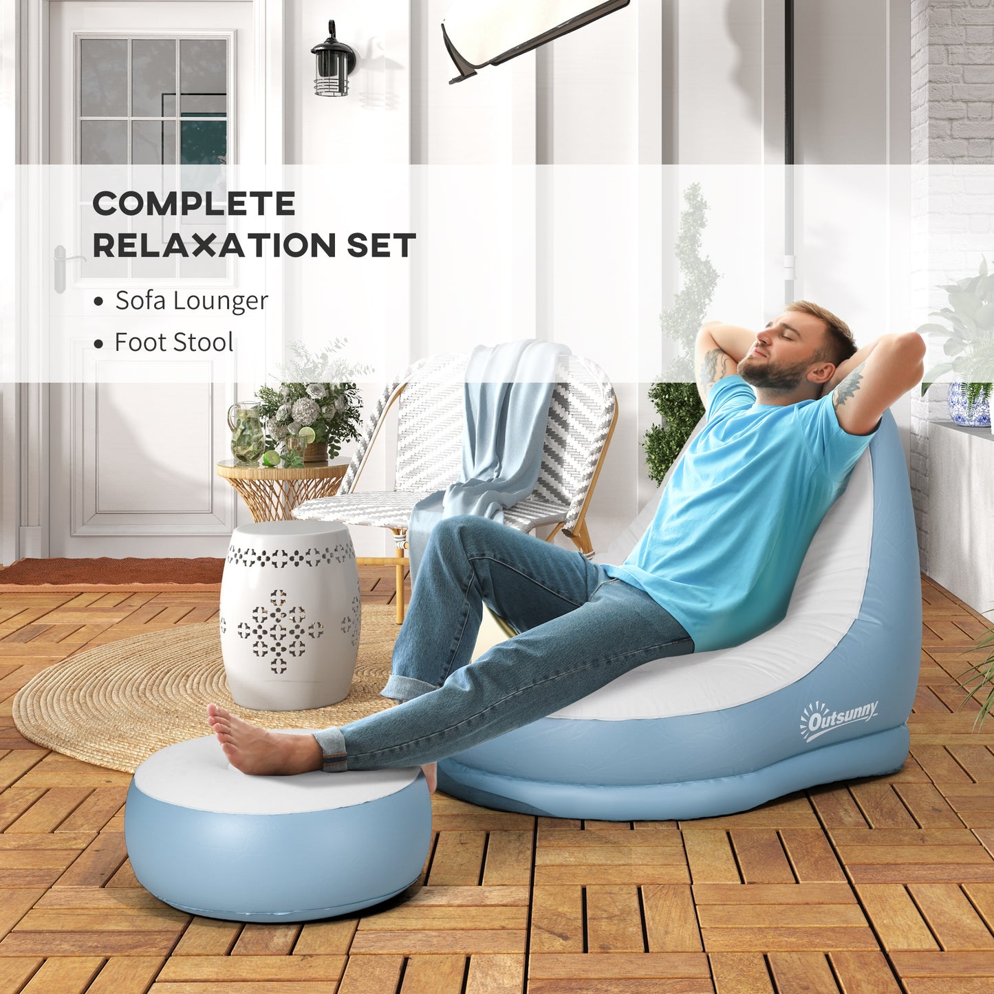 Inflatable Chair and Footstool for Gaming, Reading, Watching White
