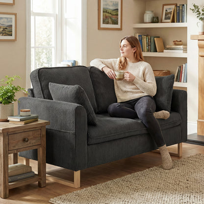 2 Seater Sofa, Corduroy Sofa w/ Spring Cushions 2 Pillows, Dark Grey
