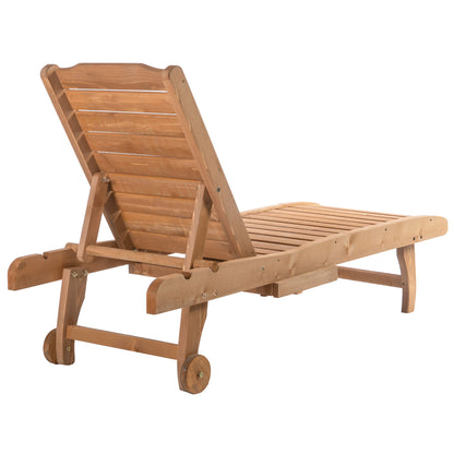 Outdoor Wooden Lounger Chair, Sun Bed with Built-In Table, Adjustable Backrest and Wheels, Red Brown