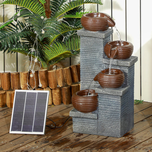 Solar Powered Garden Water Feature with LED Lights and Pump, 4 Tier Cascading Water Fountain for Indoor/Outdoor, Bowls Waterfall Ornament, 58cm Height